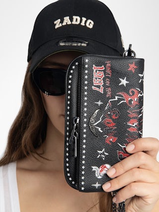 Rock Nano Punk Clutch - Punk grained leather clutch with double leather and metal chains and rhinestone-embellished wings.