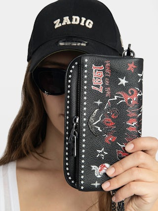 Rock Nano Punk Clutch - Punk grained leather clutch with double leather and metal chains and rhinestone-embellished wings.