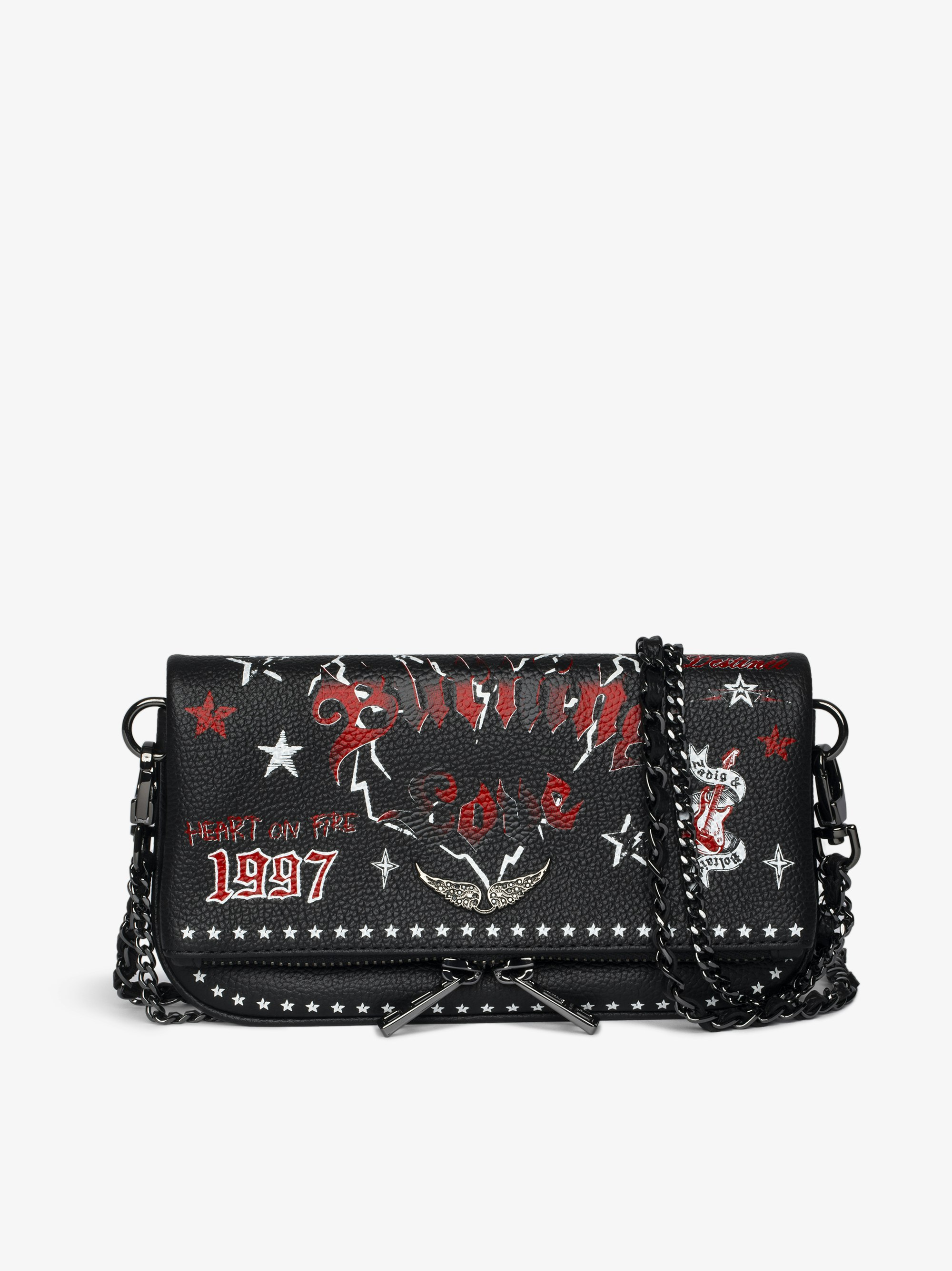 Rock Nano Punk Clutch - Punk grained leather clutch with double leather and metal chains and rhinestone-embellished wings.