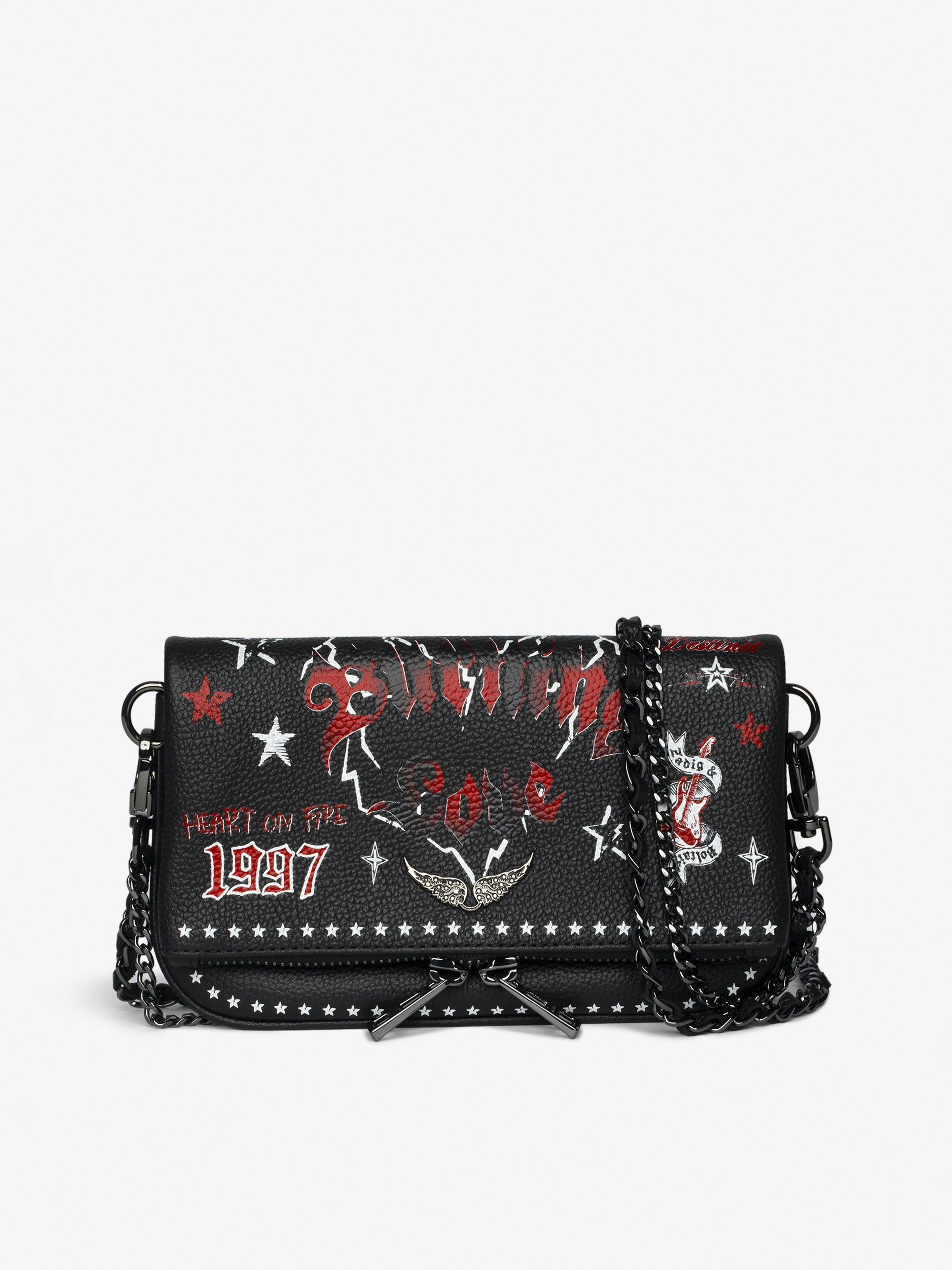 Rock Nano Punk Clutch - Punk grained leather clutch with double leather and metal chains and rhinestone-embellished wings.