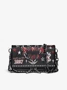 Pochette Rock Nano Punk - Pochette punk in pelle granata con doppie catene in pelle e metallo e ali ornate di strass.
