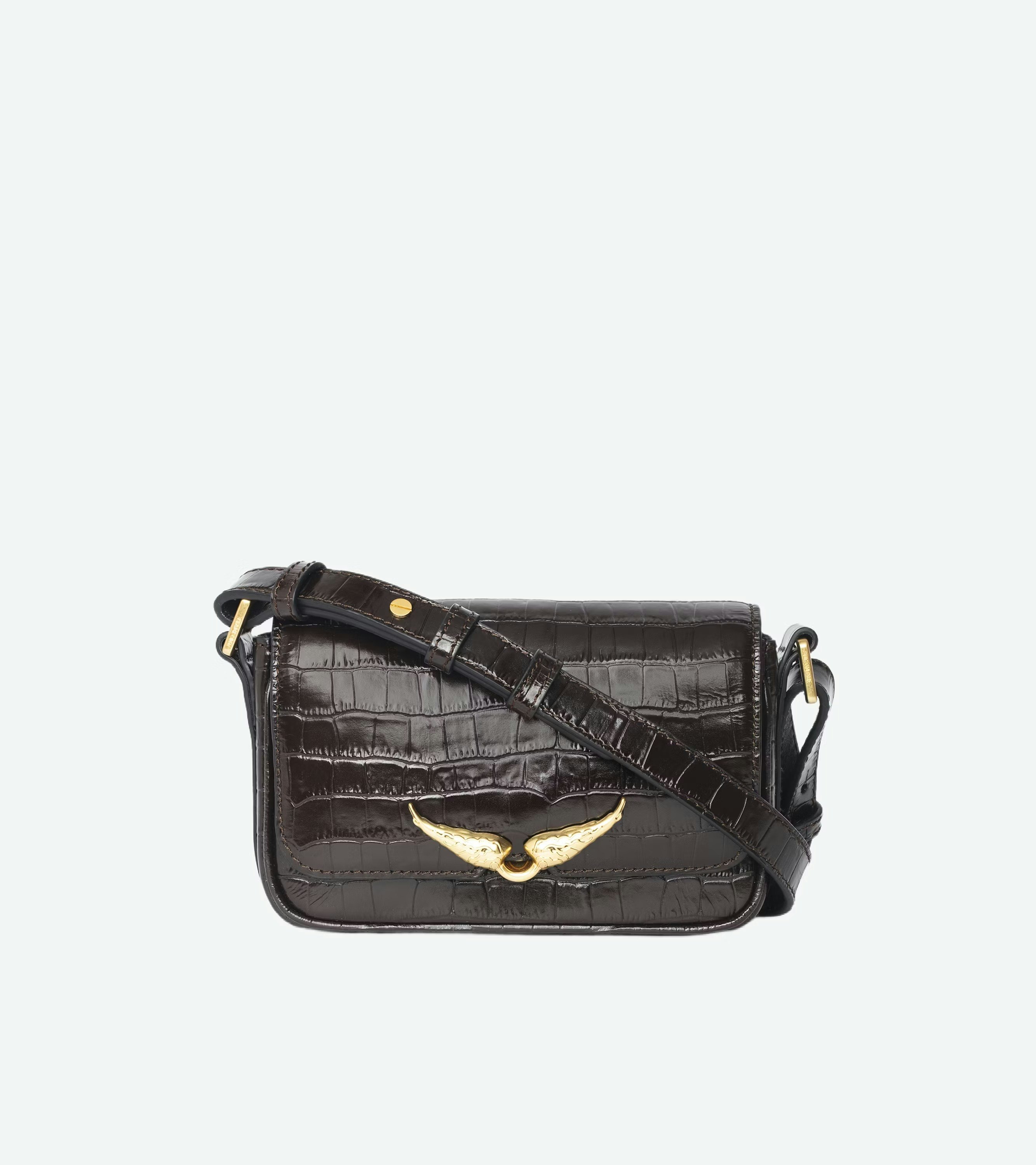 Le Zazi Croco Bag - Small croco-effect leather bag with adjustable shoulder strap and signature wings.