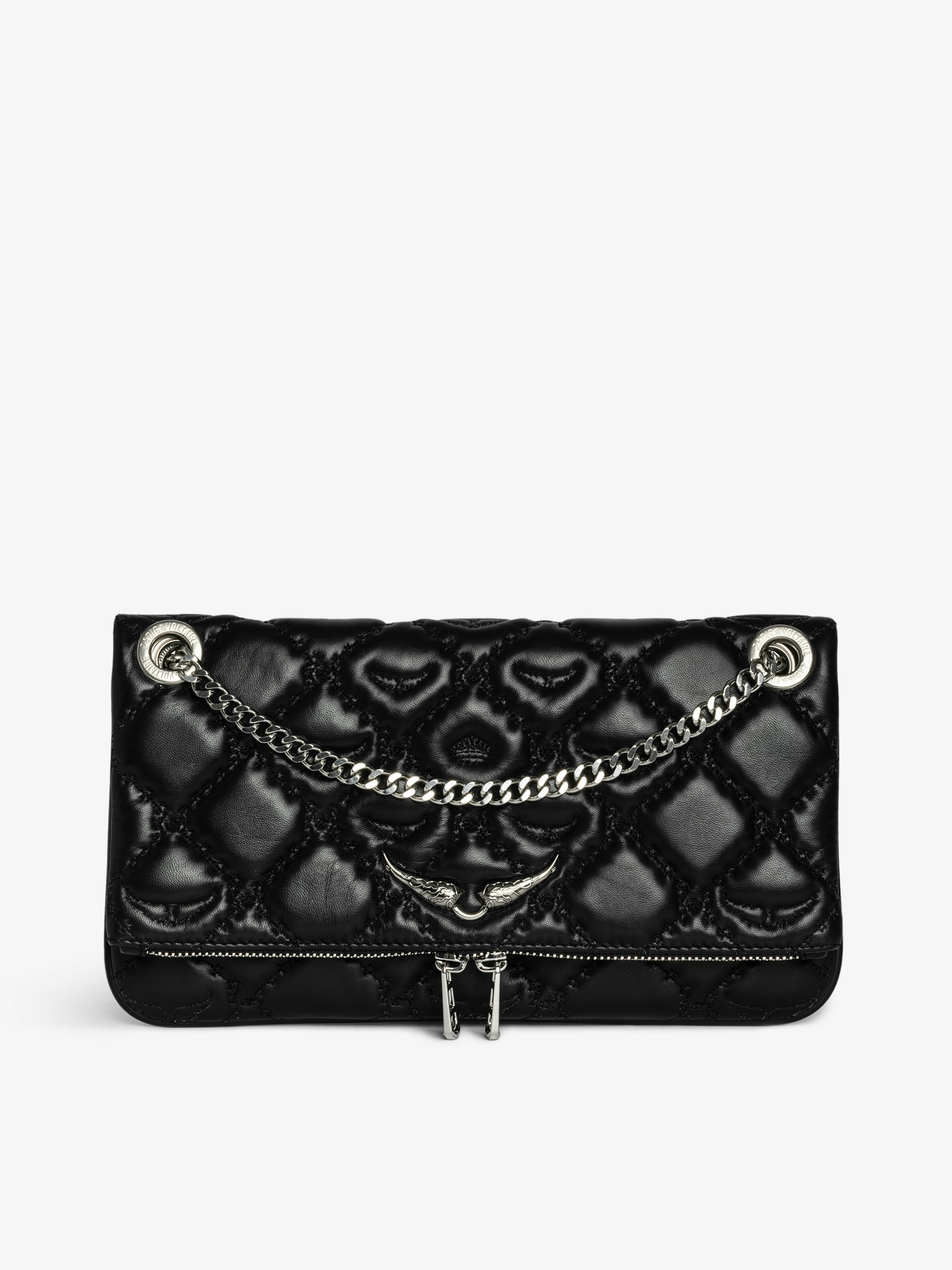 Bolso de mano Rock II Acolchado Monograma - Clutch de cuero liso acolchado con cadena metálica ajustable y alas signature.