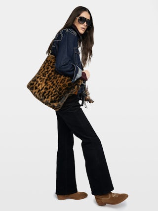 Jane Hobo Leopard Bag - Hobo bag in leopard faux fur with leather shoulder strap and signature wings.