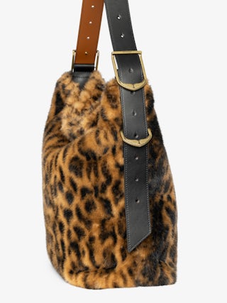 Jane Hobo XL Leopard Bag - Large hobo bag in leopard faux fur with leather shoulder strap and signature wings.