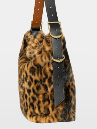 Jane Hobo XL Leopard Bag - Large hobo bag in leopard faux fur with leather shoulder strap and signature wings.