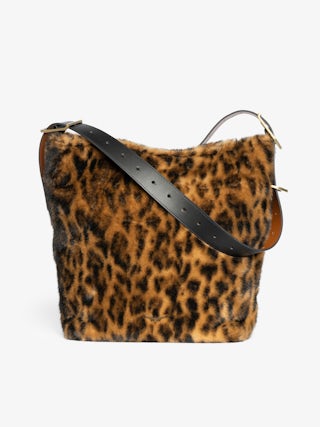 Jane Hobo XL Leopard Bag - Large hobo bag in leopard faux fur with leather shoulder strap and signature wings.