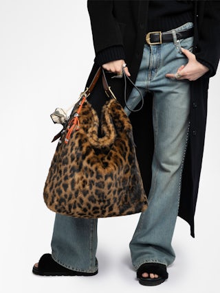 Jane Hobo XL Leopard Bag - Large hobo bag in leopard faux fur with leather shoulder strap and signature wings.