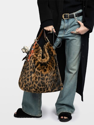 Jane Hobo XL Leopard Bag - Large hobo bag in leopard faux fur with leather shoulder strap and signature wings.