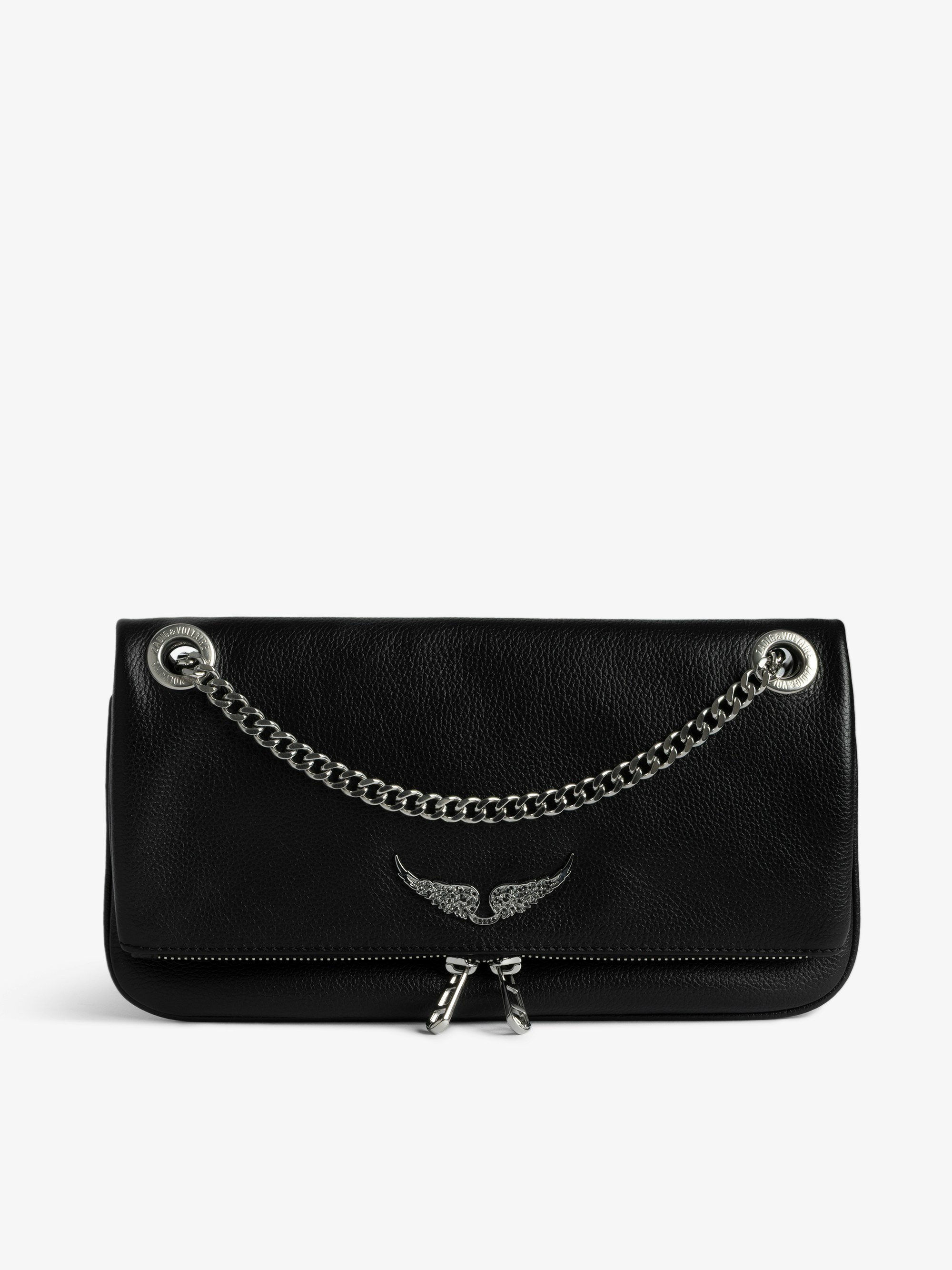 Rock II Clutch - Clutch in grained leather with sliding metal chain and signature wings.