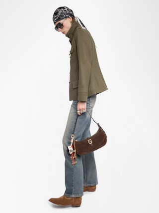 Moonrise Bag - Baguette bag in suede with leather handle and signature wings.