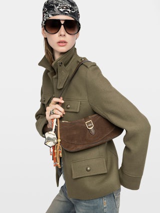 Moonrise Bag - Baguette bag in suede with leather handle and signature wings.