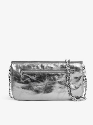Rock Vintage Metal Clutch - Metallic leather clutch with double leather and metal chains and rhinestone-embellished wings.