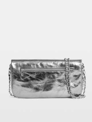 Rock Vintage Metal Clutch - Metallic leather clutch with double leather and metal chains and rhinestone-embellished wings.