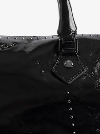 Sac Sunny Medium Vibe Studs - Sac en cuir vernis effet vintage à clous, bandoulière ajustable et anses avec signature ailes en métal.