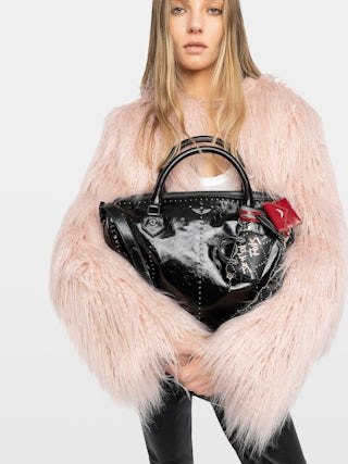 Sunny Medium Vibe Studs Bag - Patent leather bag with vintage effect and studs, adjustable shoulder strap and handles with metal wings signature.