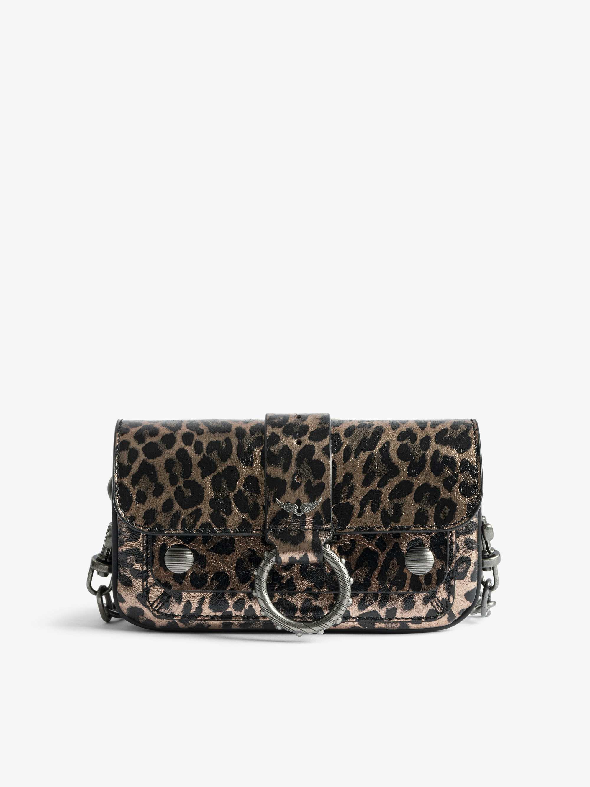 Kate Wallet Metal Leopard Bag - Mini metallic leather leopard-effect bag with ring and metal chain.