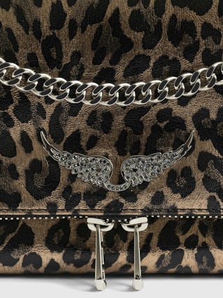 Rock II Metal Leopard Clutch - Metallic leather clutch with leopard effect featuring sliding metal chain and signature wings.
