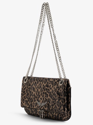 Rock II Metal Leopard Clutch - Metallic leather clutch with leopard effect featuring sliding metal chain and signature wings.