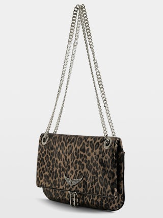 Rock II Metal Leopard Clutch - Metallic leather clutch with leopard effect featuring sliding metal chain and signature wings.