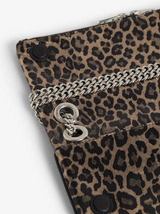 Rock II Metal Leopard Clutch - Metallic leather clutch with leopard effect featuring sliding metal chain and signature wings.