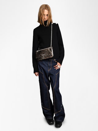 Rock II Metal Leopard Clutch - Metallic leather clutch with leopard effect featuring sliding metal chain and signature wings.