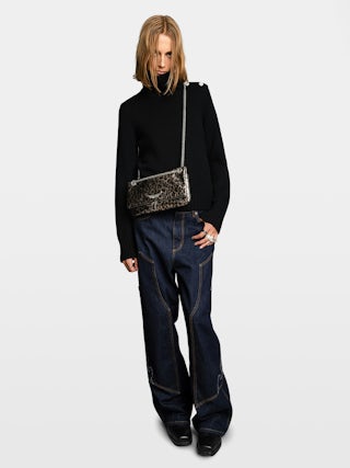 Rock II Metal Leopard Clutch - Metallic leather clutch with leopard effect featuring sliding metal chain and signature wings.