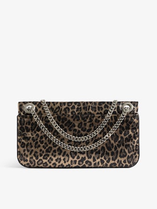 Rock II Metal Leopard Clutch - Metallic leather clutch with leopard effect featuring sliding metal chain and signature wings.