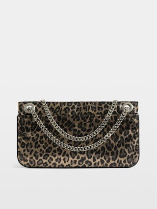 Rock II Metal Leopard Clutch - Metallic leather clutch with leopard effect featuring sliding metal chain and signature wings.