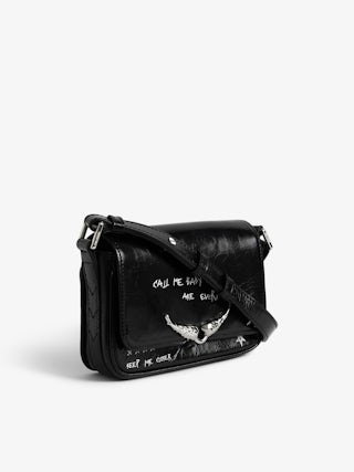 Le Zazi Vintage Graffiti Bag - Small patent leather bag with vintage effect and graffiti print, with adjustable strap and signature wings.