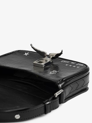 Le Zazi Vintage Graffiti Bag - Small patent leather bag with vintage effect and graffiti print, with adjustable strap and signature wings.