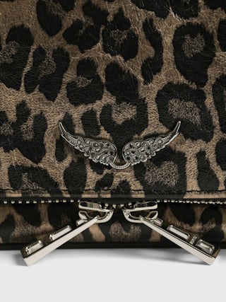 Pochette Rock Nano Metal Leopard - Pochette en cuir métallisé effet léopard avec ailes signatures ornées de strass.