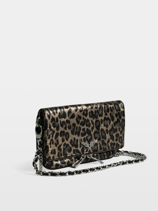 Pochette Rock Nano Metal Leopard - Pochette en cuir métallisé effet léopard avec ailes signatures ornées de strass.
