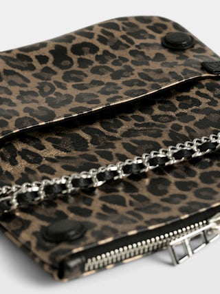 Pochette Rock Nano Metal Leopard - Pochette en cuir métallisé effet léopard avec ailes signatures ornées de strass.
