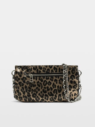 Pochette Rock Nano Metal Leopard - Pochette en cuir métallisé effet léopard avec ailes signatures ornées de strass.