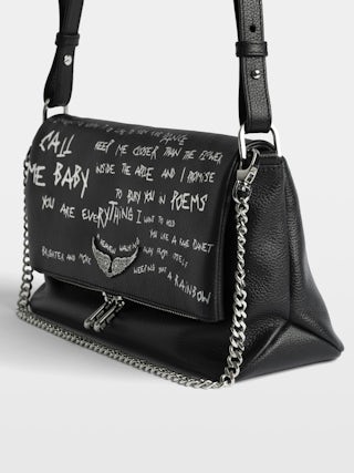 Rocky II Graffiti Bag - Grained leather bag with graffiti print and shoulder strap, featuring chain and signature wings adorned with rhinestones.