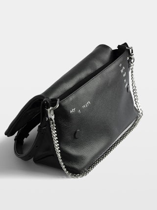 Rocky II Graffiti Bag - Grained leather bag with graffiti print and shoulder strap, featuring chain and signature wings adorned with rhinestones.