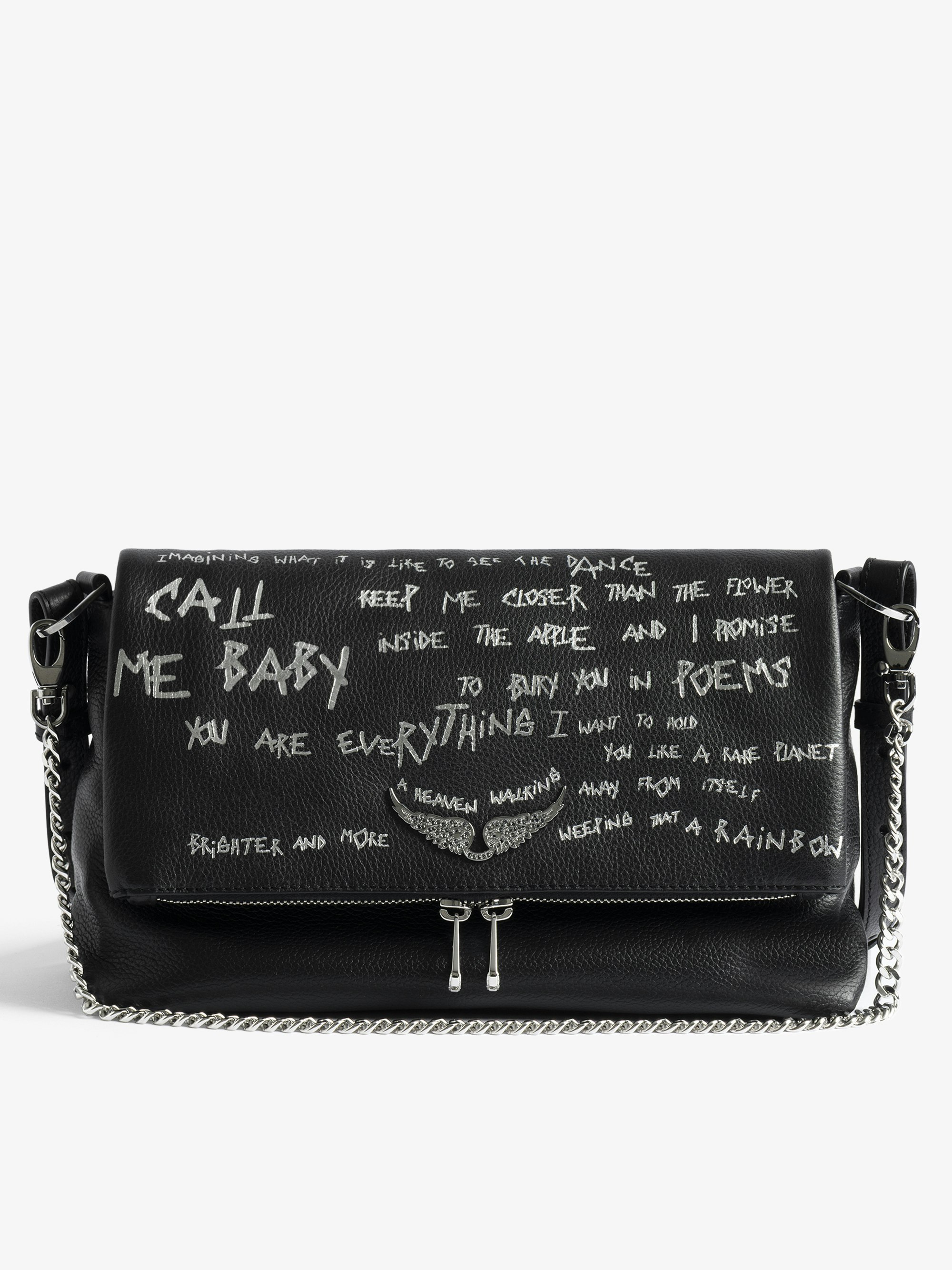 Rocky II Graffiti Bag - Grained leather bag with graffiti print and shoulder strap, featuring chain and signature wings adorned with rhinestones.