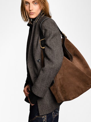 Jane Hobo XL Suede Bag - Hobo bag in suede leather with adjustable handle and embossed wings signature.