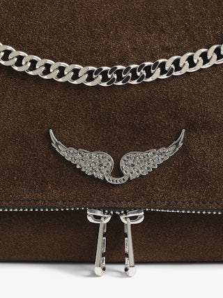 Rock II Suede Clutch - Suede leather clutch with sliding metal chain and signature wings.