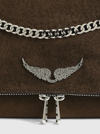 Rock II Suede Clutch - Suede leather clutch with sliding metal chain and signature wings.