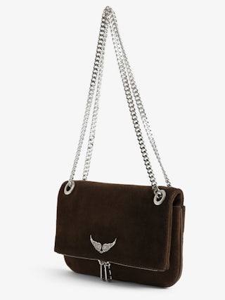 Rock II Suede Clutch - Suede leather clutch with sliding metal chain and signature wings.