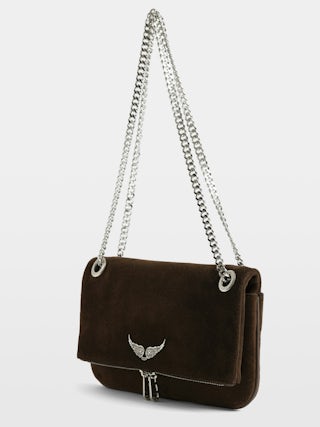 Rock II Suede Clutch - Suede leather clutch with sliding metal chain and signature wings.