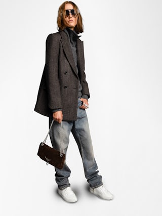 Rock II Suede Clutch - Suede leather clutch with sliding metal chain and signature wings.