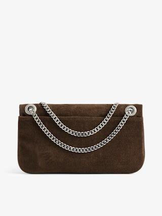 Rock II Suede Clutch - Suede leather clutch with sliding metal chain and signature wings.