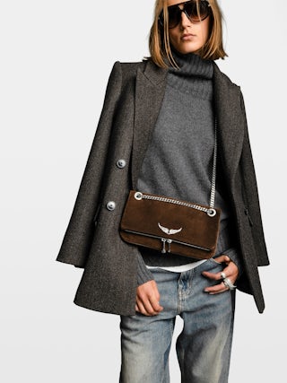 Rock II Suede Clutch - Suede leather clutch with sliding metal chain and signature wings.