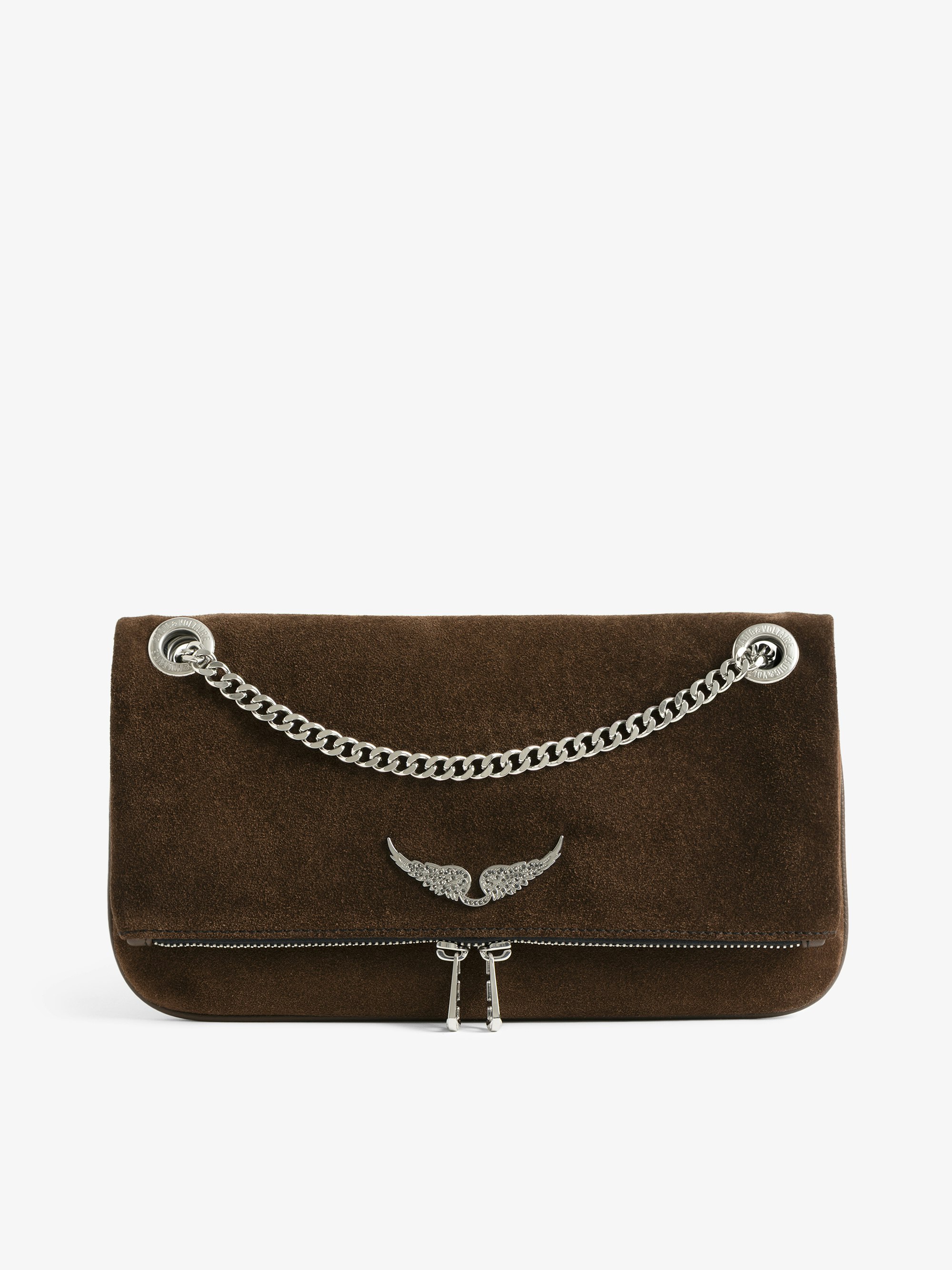 Rock II Suede Clutch - Suede leather clutch with sliding metal chain and signature wings.
