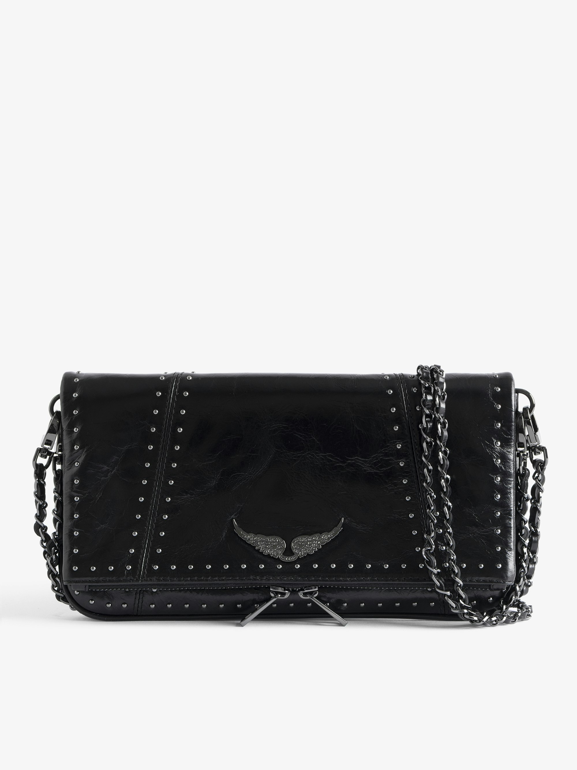 Rock Vintage Patent Studs Clutch - Clutch in patent leather with vintage effect featuring double leather and metal chains adorned with studs and rhinestone wings.