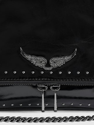 Rocky II Vintage Patent Studs Bag - Vintage patent leather bag with studs and shoulder strap, featuring signature chain and rhinestone-embellished wings.