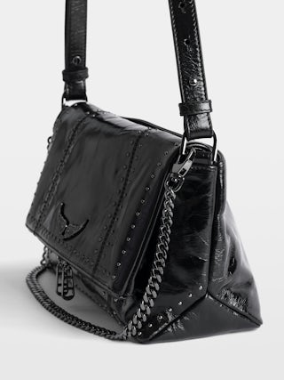 Rocky II Vintage Patent Studs Bag - Vintage patent leather bag with studs and shoulder strap, featuring signature chain and rhinestone-embellished wings.